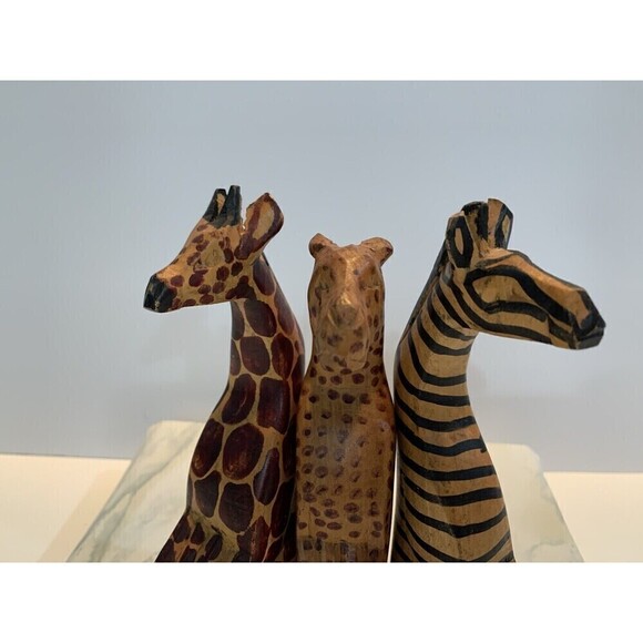 Giraffe & Zebra Lion Hand Carved Wooden African Sculpture Shelf Ornament 8.5" - Picture 2 of 10